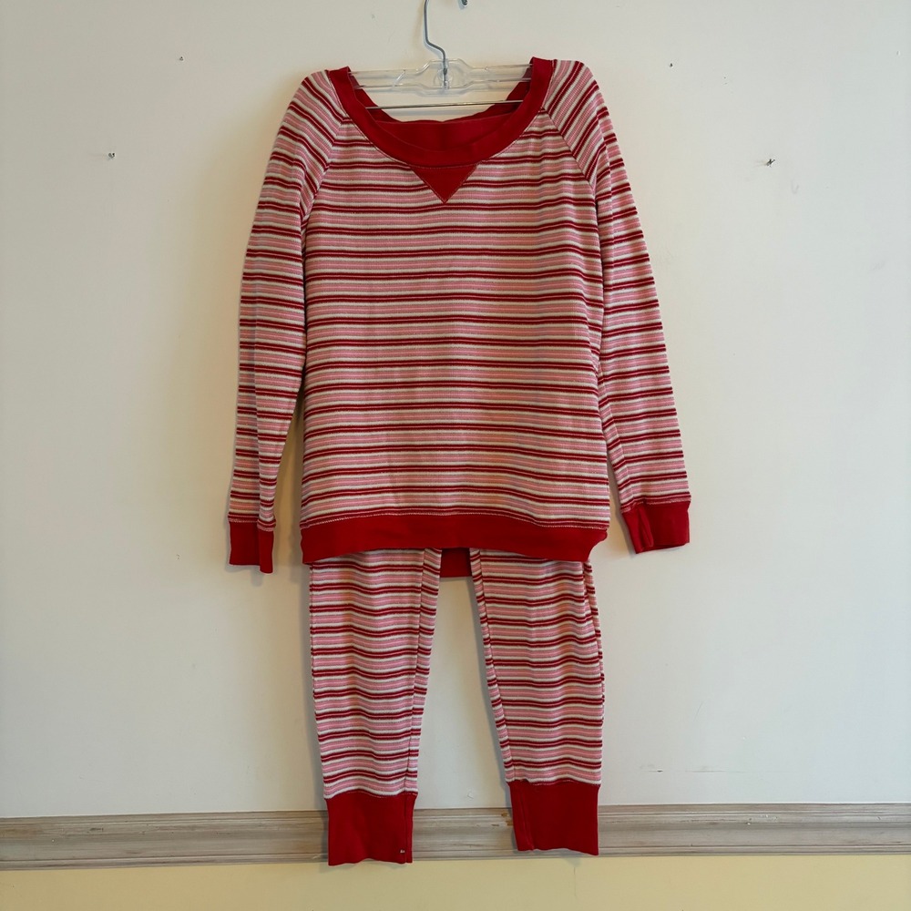 Victorias Secret Red Pink‎ Striped Thermal Pajama Set Womens Medium Waffle Knit